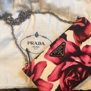 Prada Red and Black Floral Clutch